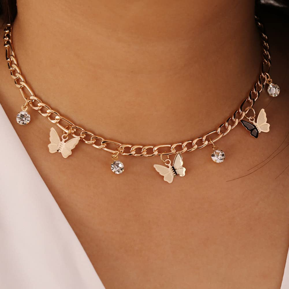 Wedity Butterfly Pendant Necklaces Gold Fashion Rhinestone Crystal Pendant Necklaces with Adjustable Chain for Women and Girls