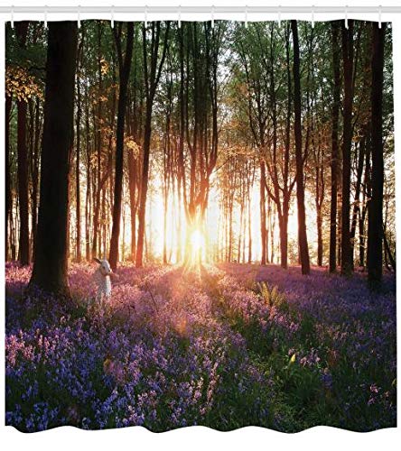 ABAKUHAUS Forest Shower Curtain, Bluebell Woods Sunrise with White Rabbit Sunny Spring Day in Woodland, Cloth Fabric Bathroom Decor Set with Hooks, 78" Inches, Purple Green