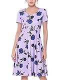 ZAFUL Women Short Sleeve V Neck Collect High Waist Knee Length Floral A-Line Dress