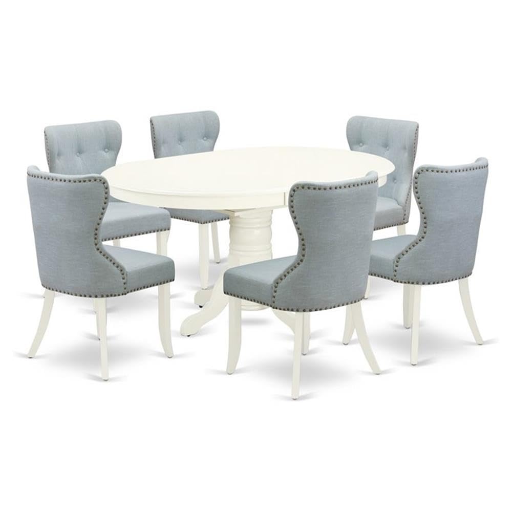 Photo 1 of ***MISSING ONLY THE BASE****East West Furniture AVSI7-LWH-15 7 Piece Dining Table Set Consist of an Oval Kitchen Table with Butterfly Leaf and 6 Baby Blue Linen Fabric Upholstered Chairs, 42x60 Inch, Linen White