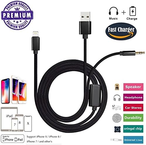 Nylon AUX Adapter 3.5mm, 2 IN 1 Audio Cable USB Charging Plug/3.5mm Audio Cable Lightning Car Aux Charger Adapter for iPhone X, 8, 8 Plus, 7, 7 Plus, Perfect for Car/Home Stereos (Black)