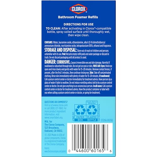 CLOROX BATHROOM FOAMER REFILL CARTRIDGE FOR CLOROX BATHROOM FOAMER REUSABLE SPRAY BOTTLE, HOUSEHOLD ESSENTIALS, FRESH SCENT, 2 SPRAY REFILLS
