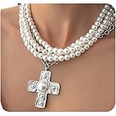 Layered Exaggerated Cross Pendant Pearl Necklace,Retro Cross Pendant Bead Chain Statement Necklace,Exquisite Plated Gold Crucifix Pearl Choker
