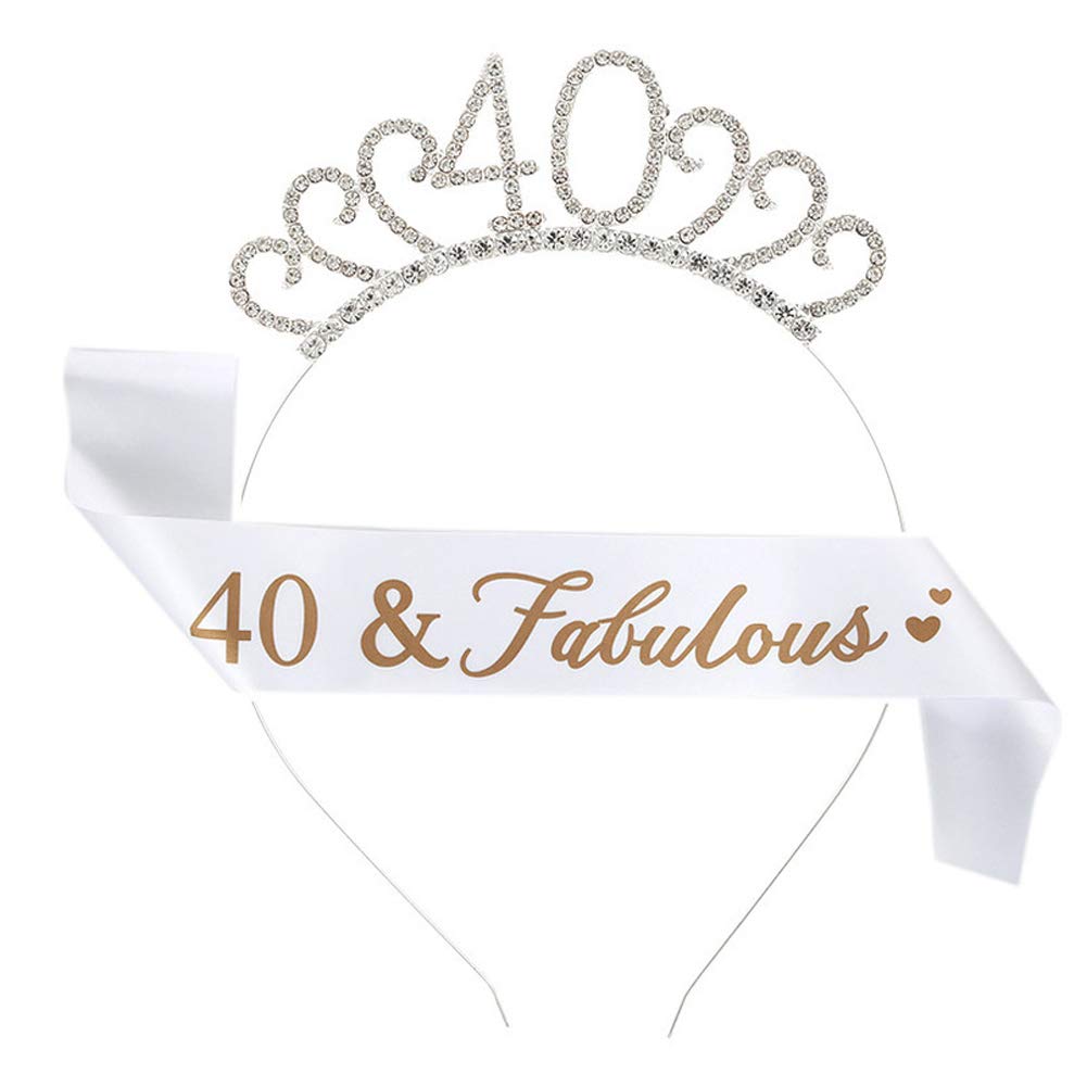 Camelliass Birthday Crown and Sash, Rhinestone Birthday Tiara Headband Satin Sash for Women Happy Birthday Party Decorations Supplies (40th)
