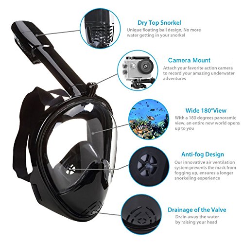 XYIYI Full Face Snorkel Mask Foldable, 180Â° Panoramic View Scuba Snorkeling Diving Mask with Detachable Camera Mount, Easy Breath Dry Top Set Anti-fog Anti-leak for Adults & Kids(L/XL)