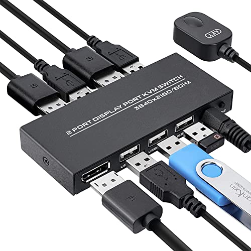 Displayport KVM Switch 4K@60Hz, DP USB KVM Switcher Selector for 2 Computer Share One Monitor Keyboard Mouse Scanner Printer, with DP & USB Cables