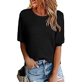 Dokotoo Womens Summer Tops 2025 Casual Crewneck Short Lantern Sleeve Blouse Waffle Knit Pullover Shirts