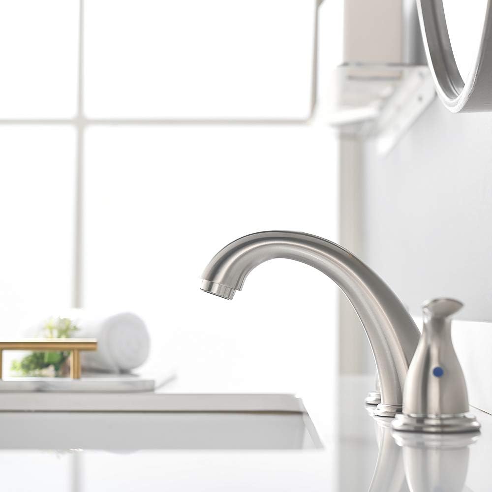 2 Handles 3 Holes Deck Mount Brushed Nickel Widespread Bathroom Faucet by Phiestina, with Stainless Steel Pop Up Drain, WF008-5-BN - - 
