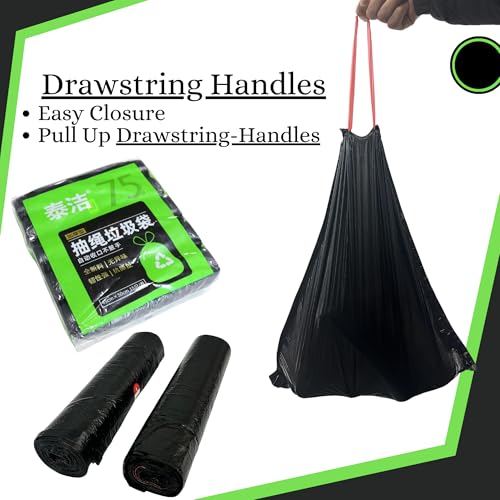 VESTA VITA - 5 Rolls Black Trash bags 75 Pcs for Home and office - 45"50"CM Drawstring Garbage bag with handles - 5 Gallon Garbage bag small for Kitchen and office - Pack of 5 bin bags rolls (Black)