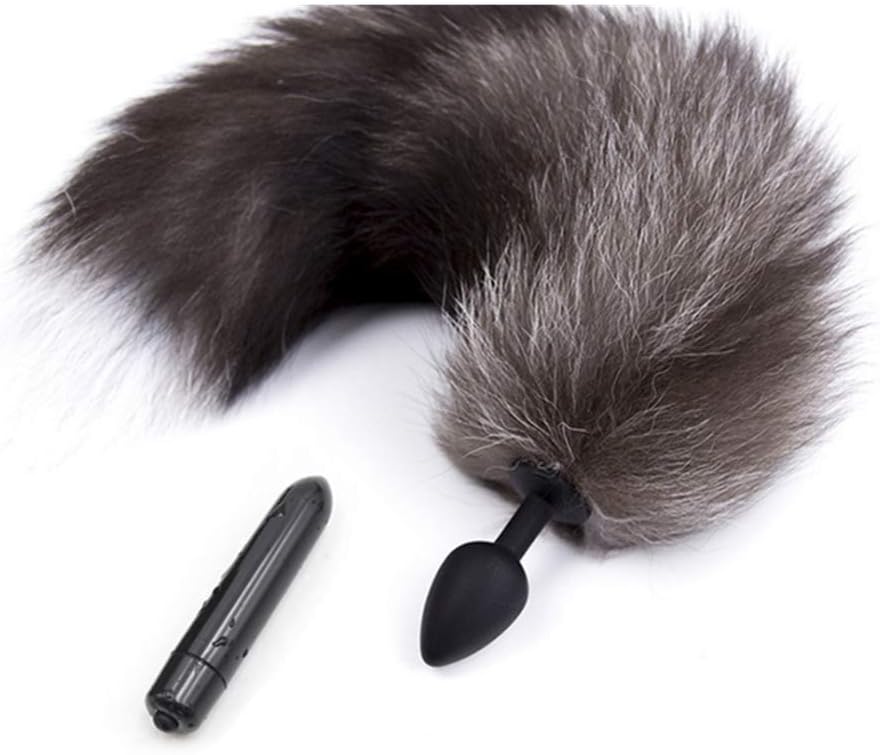 Black Silicone Plug Fox Tail + Black Vibration Amar Fluffy Fox Tail Tail Couple Game Play Props