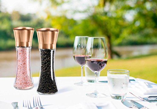 Premium Salt and Pepper Grinder Set of 2- Brushed Pepper Mill and Salt Mill, 6 Oz Glass Tall Body, 5 Grade Adjustable Ceramic Rotor- Salt and Pepper Shakers By Levav (Copper)