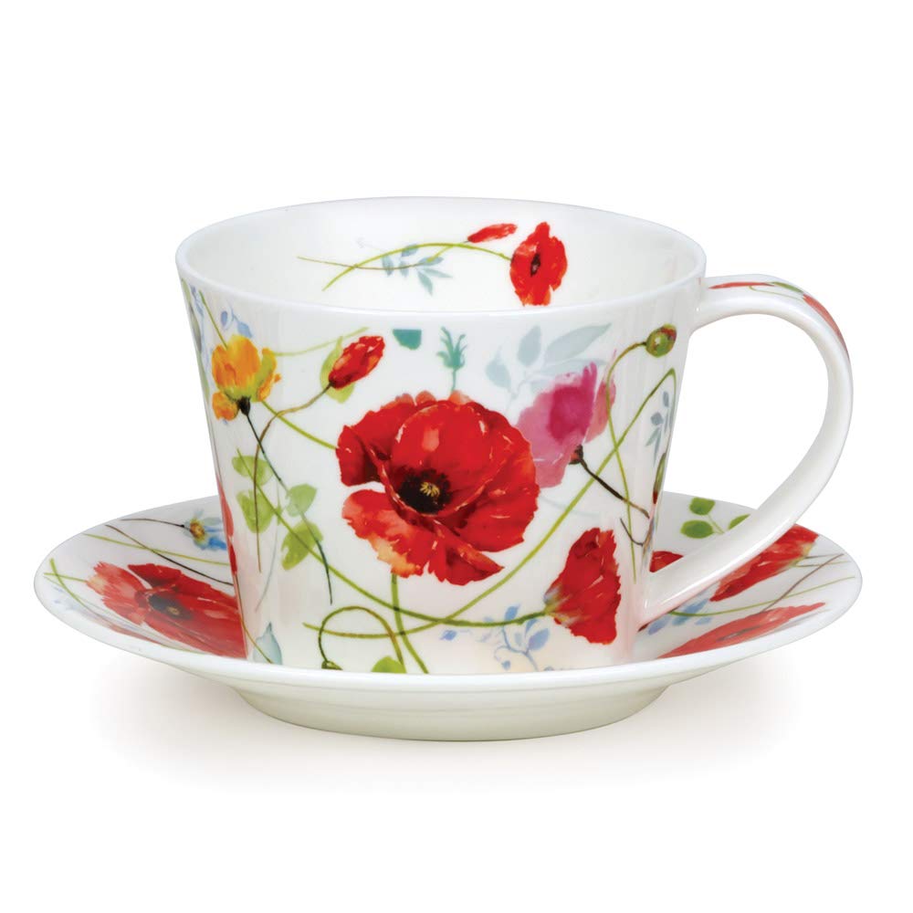 Dunoon Wild Poppy Cup & Saucer Set - Bone China Porcelain, 320 ml, Teacup & Saucer