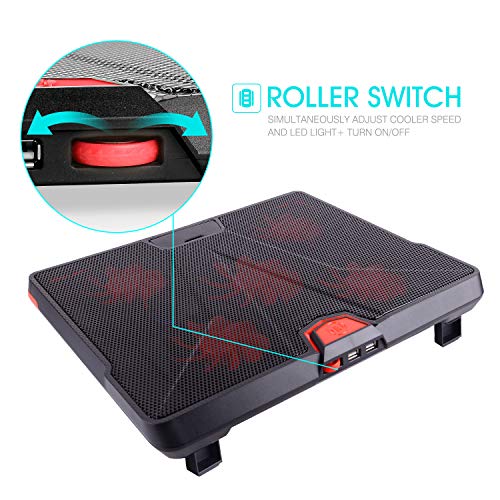 HIRALIY 5 Fans Laptop Cooling Pad 12"-17" Cooler Pad Chill Mat with LED Light Dual USB 2.0 Ports Adjustable Mount Stand (Black+Red) - Thumbnail 3