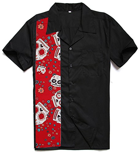 Candow Look Men Work Shirt Floral Skull Print Panel Plus Size Cotton ST110FS