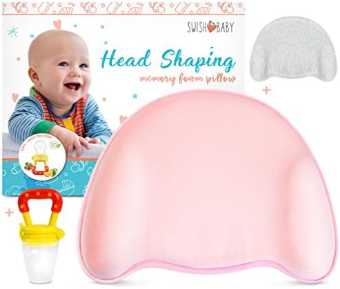 Swish Baby Flat Head Pillow for Sleeping - Head Shaping Memory Foam Pillow for Newborn w/2 Breathable Cotton Pillowcases (Pretty Pink)