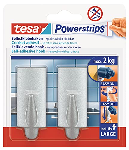 tesa UK Powerstrips Large Hooks with Removable Adhesive Strips Rectangle - Chrome, 2 Hooks, (58055-00004-03)
