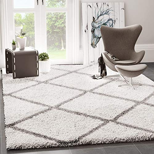 VIMODA Shaggy Rug Diamond Design Cream Grey Modern, Dimensions: 120 x 170 cm