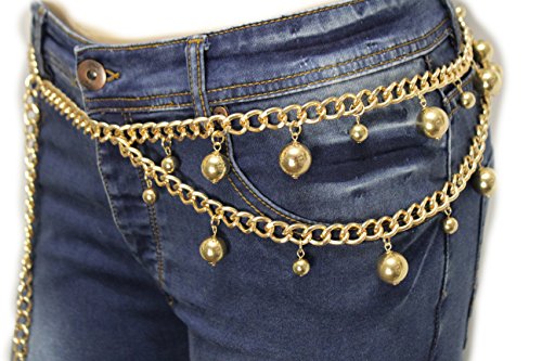 TFJ Women Fashion Belt Hip High Waist Metal Chain Balls Charms Plus M L XL Gold Color