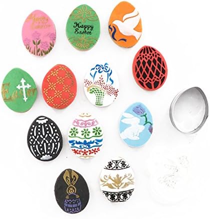 BoFUN Easter Egg Cookie Stencil for Royal Icing, 12-Pieces Cookie Decorating Stencil Fondant Mold, 1-Piece Cookie Cutter