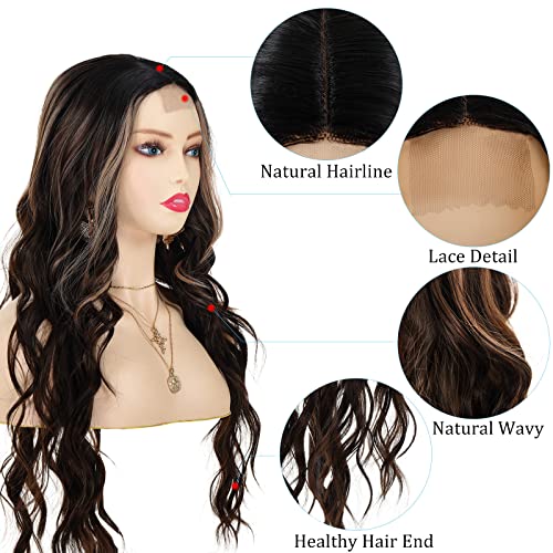 POPTAIYU Long Brown Mixed Blonde Wavy Highlight Wig for Women Synthetic Curly Middle Part Wigs Natural Wavy Heat Resistant Wig for Daily Party Use (Brown Mixed Blonde,24inch)