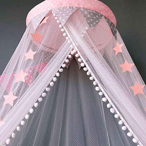 Dix-Rainbow Bed Canopy with Pom Pom Hanging Mosquito Net for Baby Crib Kids Twin Full Queen Size Bed, Lace Round Dome Fairy Netting Curtains, Kids Play Tent Reading Nook Castle Games House - Pink