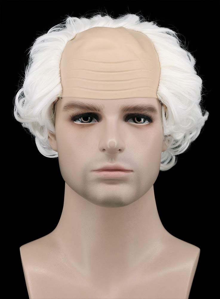 Karlery Short Curly Fits Old Man Bald Cap Mad Scientist White Wig Halloween Cosplay Anime Costume Party Wig