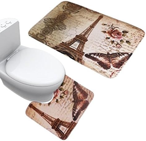 JILLBAN Eiffel Tower Flannel Mat Set Toilet Cover Set Non Slip Bathroom Carpet Rug 18 x 30"