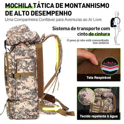 Mochila de Viagem 80L Impermeável para Camping e Trilha, Mochila Esportiva Grande Multifuncional com Compartimentos Amplos, Alças Confortáveis e Suporte para Equipamentos Outdoor, Camuflado