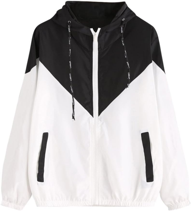 NUWFOR Women's Color Block Drawstring Hooded Zip up Sports Jacket Windproof Windbreaker White
