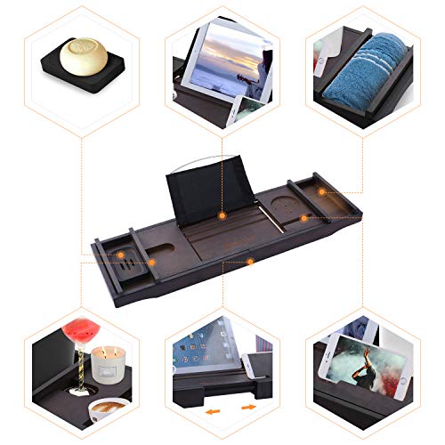 Modrine Expandable Bamboo Bathtub Caddy - Adjustable Wooden Serving Tray and Organizer for Any Size Bathtub - Phone and Tablet Compartments -Wine holder bathtub tray Brown
