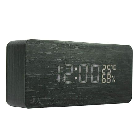 Solmore LED Digital Wooden Digital Alarm Clock Calendar Thermometer Alarm time Humidity USB Cable/Battery powered biack