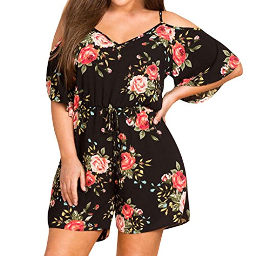 Leewos Clearance! Plus Size Jumpsuits,Women Summer Casual Floral Print Waist Bandage Sling Rompers V Neck Half Sleeve Playsuits (Black, 2XL)