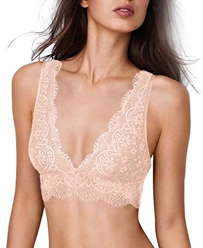 YIANNA Lace Bralette, Women's Deep V Neck Unpadded Lace Long Line Plunge Bralette Bra, YA8336-Skin-XL