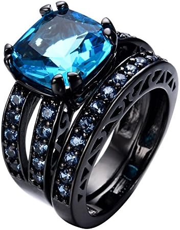 Bamos Jewelry Black Gold Plated Water Blue Stone Engagement Wedding Womens Double Rings Size 6/7/8/9/10 (8)