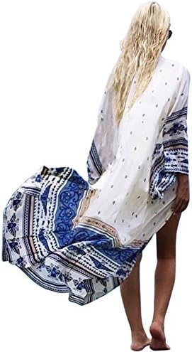 FANGUO Womens Cardigan Boho Print Beachwear Cover Up Maxi Kimono Swimsuit Blouse Oversized White2 Medium