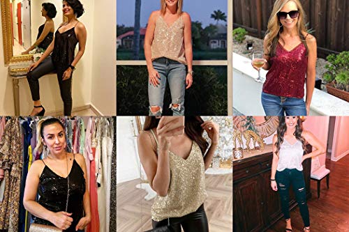Womens Shimmer Glam Sequin Vneck Spaghetti Strap Tank Top Vest Tops Golden