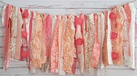 Amazon Com Coral Shabby Chic Garland Rag Tie Banner Photo Shoot Vintage Wedding Decor Nursery Bridal Shower Gender Reveal Parties Decorations Photo Props Banner Wall Decor 3 Feet Wide Home Kitchen