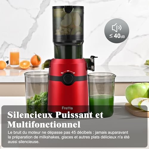 Juice Extractor, Fretta Juice Extractor for Whole Fruits and Vegetables, Large Opening 108 mm Slow Juicer, 1L Capacity, Cold Pressure, Easy to Clean, BPA-Free, 200 W (Red)