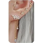 Gold Stud Earring Sets for Multiple Piercing Dainty Flower Leaf Butterfly CZ Dangle Earrings Stack Cartilage Huggie Hoops Earrings for Women