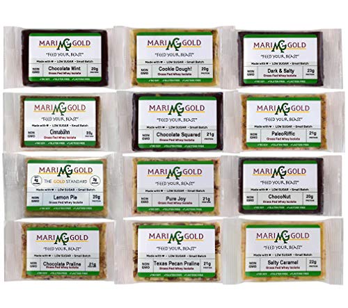 MariGold GRASS FED Whey Protein Bars Sampler Pack- 21+gm Protein, Even LOWER Sugar, Non GMO, Amazing Taste – Made Fresh, Ships Fresh. Purest Ingredients (12)