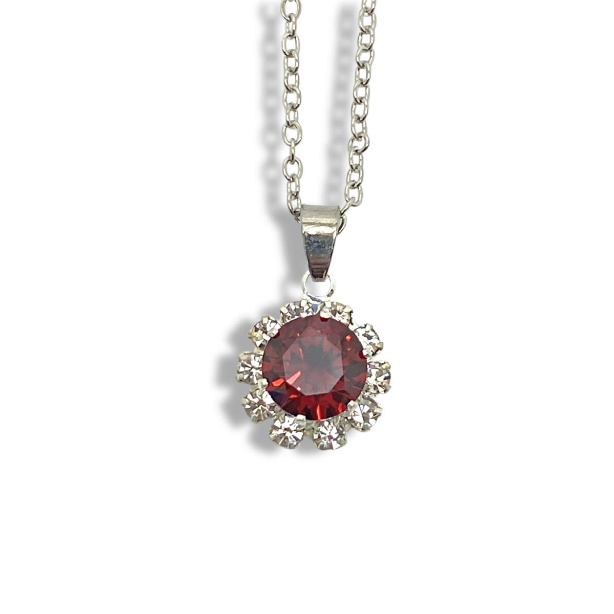 White gold finish Round Cut Garnet And Created Diamond Flower pendant Necklace for women Birthday New Year Valentine's Day Gift for Mum Wife Sister Girlfriend-Come with Gift Box