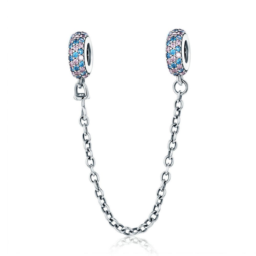 Jewellbox Pink and Blue Miracle Safety Chain Charm Stopper Sterling Silver S925 for Bracelets