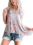Sidefeel Women High Neck Floral Print Sleeveless Tank Top Small Grey
