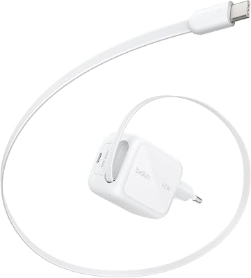 Carregador UltraCharge USB C de 45W com cabo USB C retrátil de 0,8m e porta USB tipo C, carregador tipo C de parede, carregamento rápido para iPhone 17 e 16 Series, Galaxy S26 Series, AirPods e MacBook