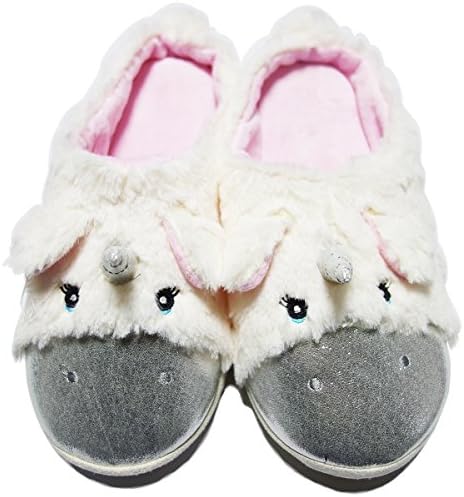 FullGold Women Girl Slipper Cute Unicorn Cartoon Soft Non-Slip Plush Bedroom Shoe (S, White&amp;Pink)