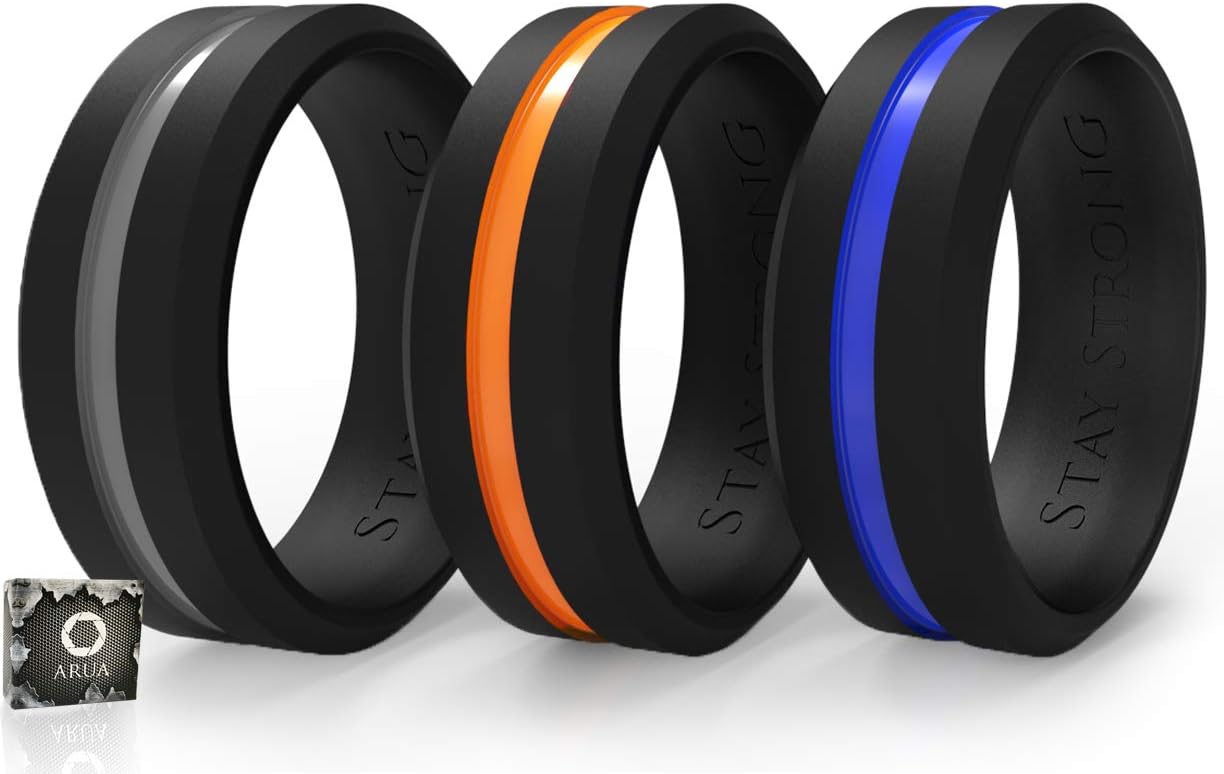 Silicone Wedding Bands (Rings) for Him. 3-Pack. Silicone Rings for Sportsmen, Workers and Active Types.