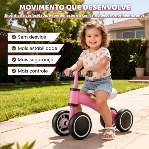 Bicicleta de Equilíbrio Infantil sem Pedal Rosa 4 Rodas para Coordenação Motora, Equilíbrio e Primeiros Passos, Brinquedo de Passeio para Bebê com Desenvolvimento Motor, Segurança e Conforto