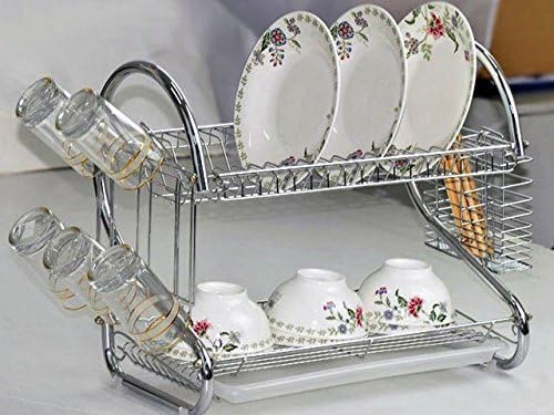 Chrome 2 Tiers Dish Drying Rack Drainer Dryer Tray Kitchen Rv Plate Cup Storage