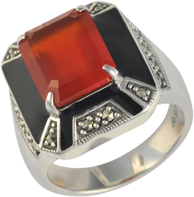 Sterling Silver Square Cut Red Carnelian, Black Enamel & Marcasite Art Deco Statement Ring