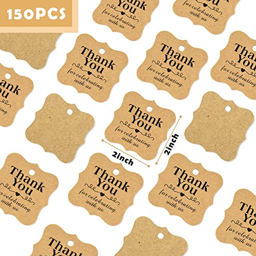 SallyFashion Thank You Tags, 150PCS Brown Kraft Gift Tags with 150PCS Free Natural Jute Twines Brown Scalloped Edge Tags for Gift Wrapping, Wedding, Favor Box, Baby Shower